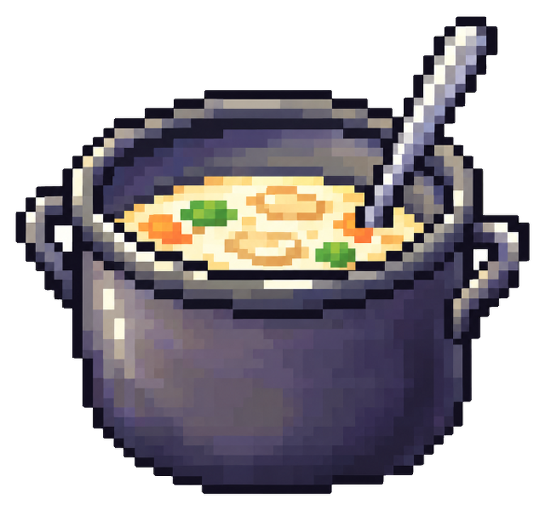 SOUPY: a heavy enamel pot of creamy soup with carrots, peas and a spoon resting inside