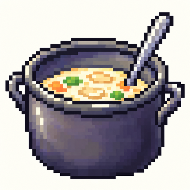 The SOUPY pot simmering on a wooden counter in a dim after-hours kitchen, a filled bowl and chopped greens beside it